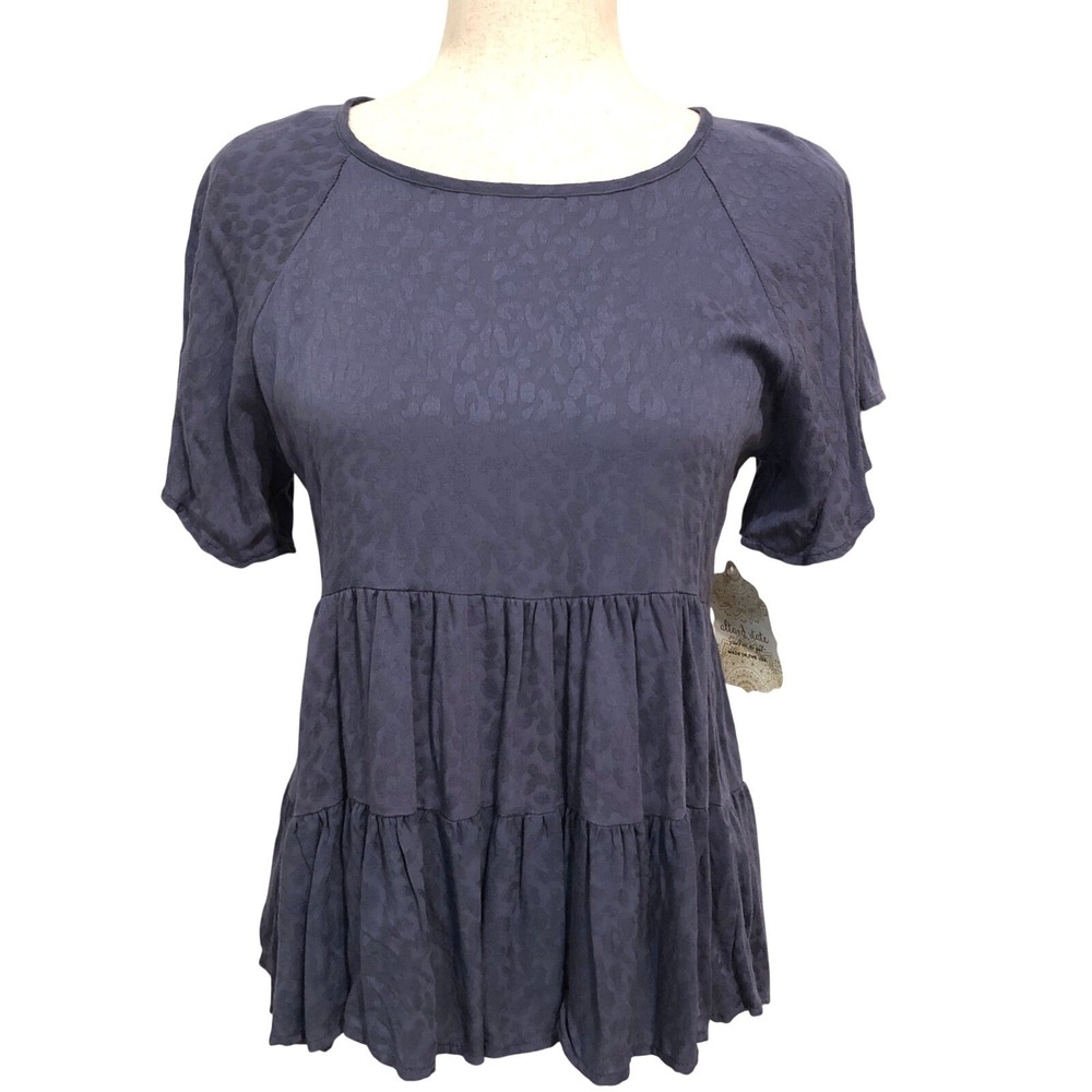 NWT Altar'd State Leopard Print Babydoll Blouse XS Blue Flounced Boho Bohemian